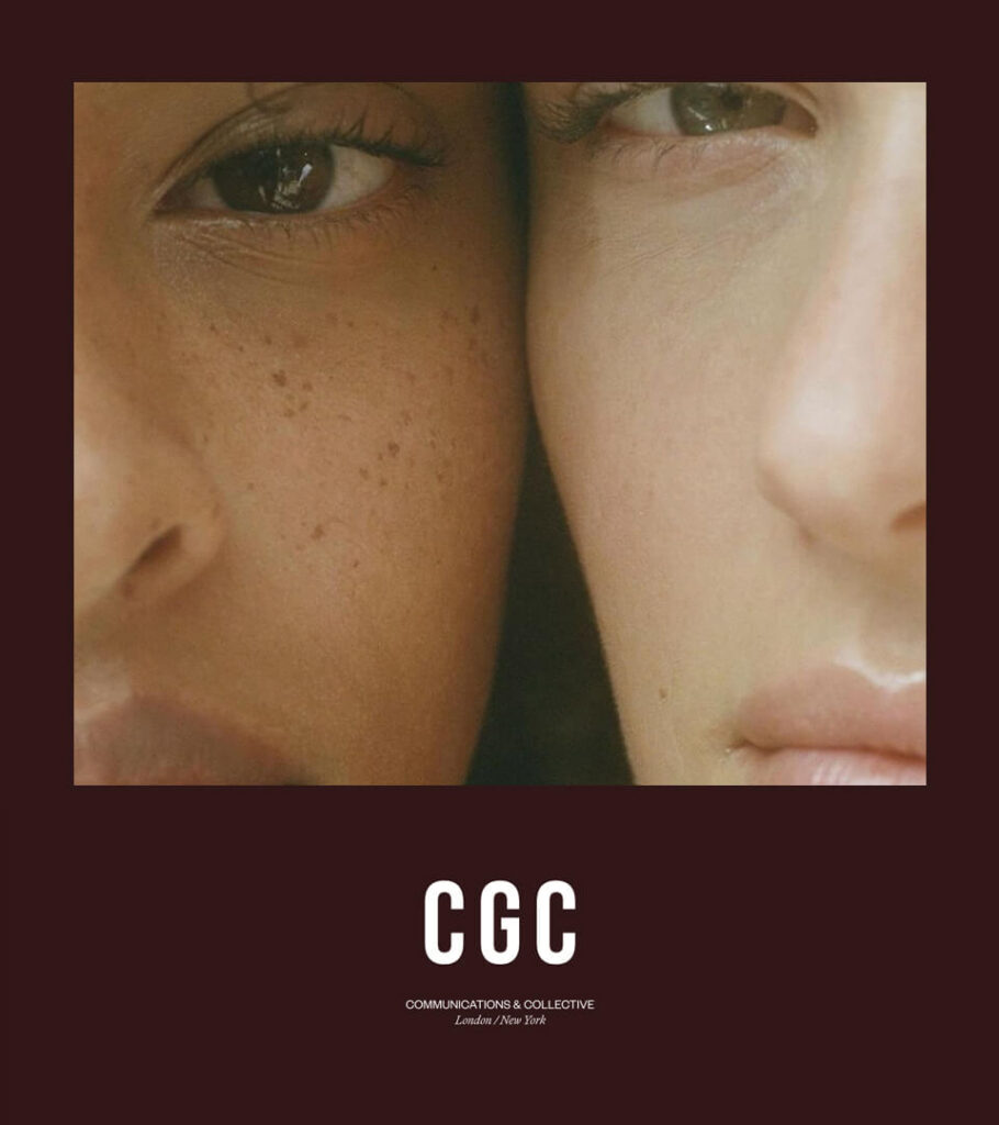 The image displays a graphic with a photo of two models and Clare Goodwin Communications & Collective's logo underneath in a dark purple background.